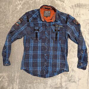 Affliction Black Premium Slim Fit Plaid Button Down Shirt XL Blue Distressed Pat